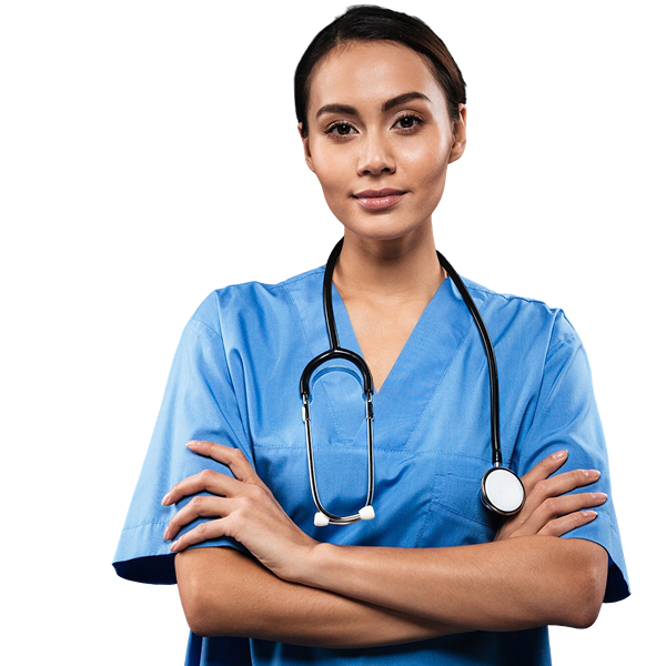 A female healthcare professional wearing stethoscope around their neck and standing with their arms crossed