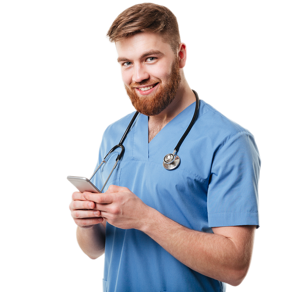 A male healthcare professional wearing a blue medical scrub and holding a smartphone while smiling