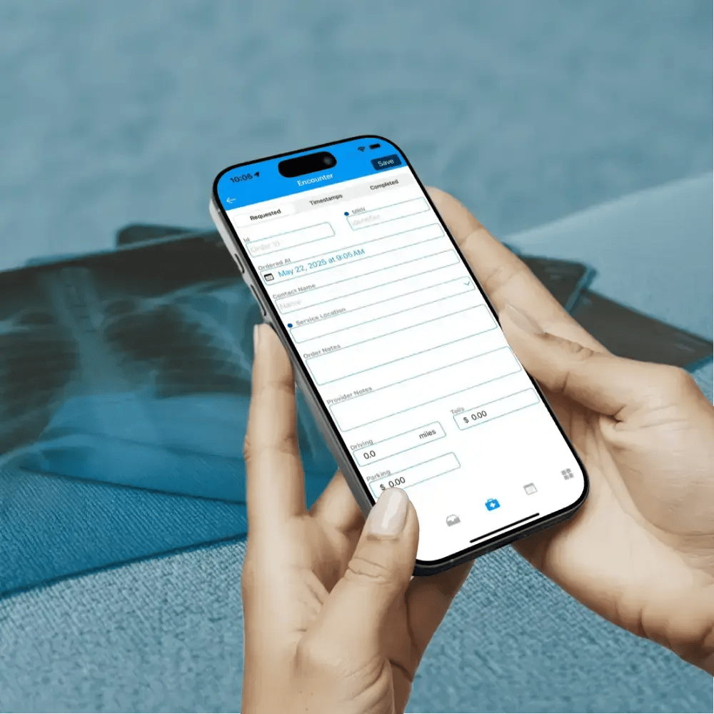 A pair of hands holding a smartphone with the screen displaying a app