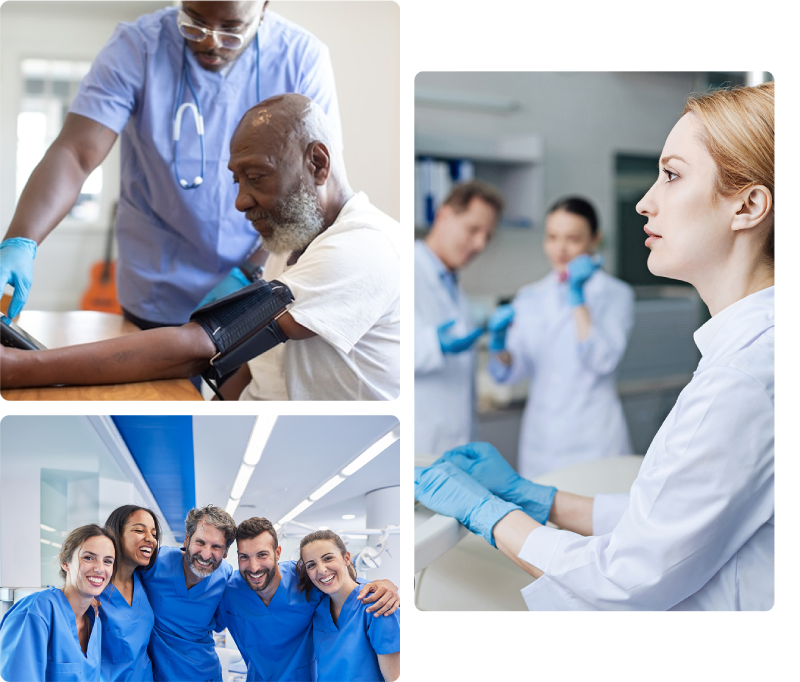A collage of separate photos all depicting medical professionals