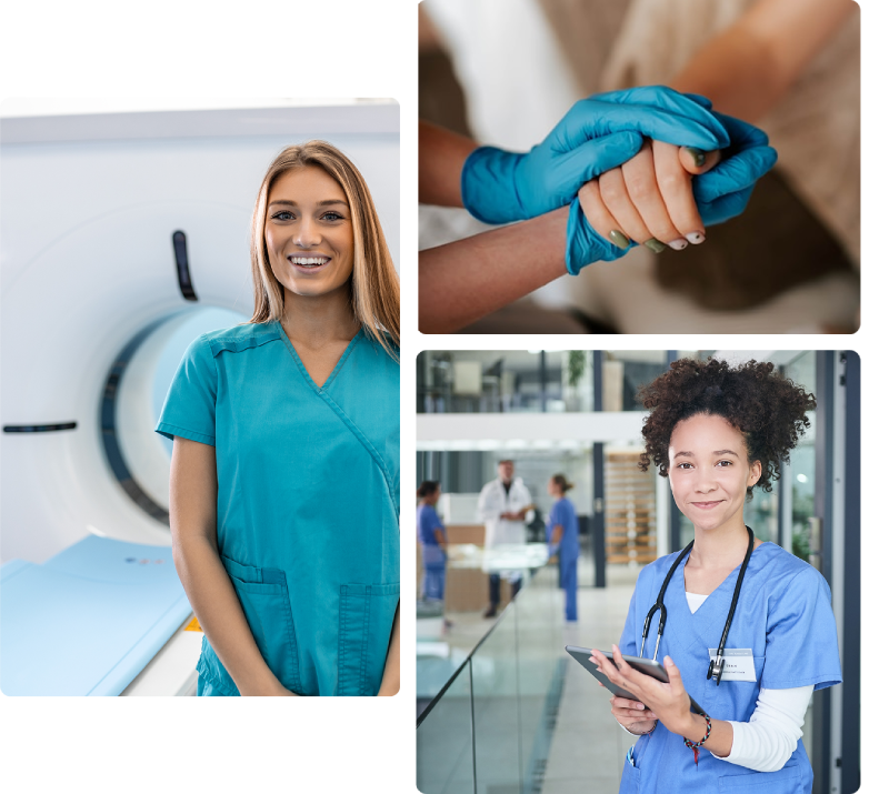 A collage of three photographs featuring medical professionals